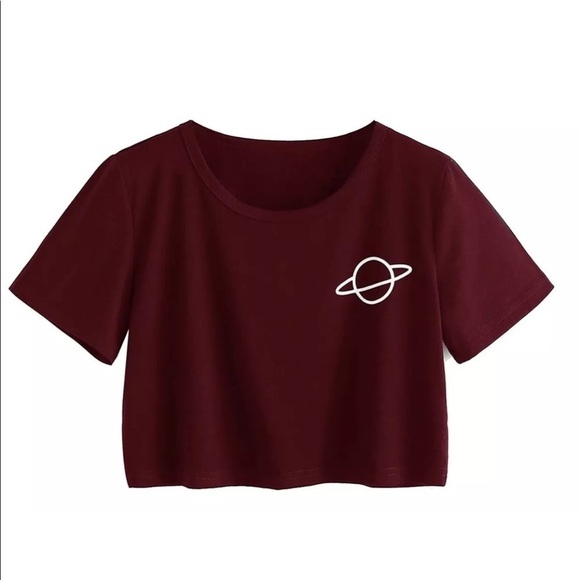 NEW Sweaty Rocks Cropped Tee Saturn T-Shirt Top Burgundy Short Sleeves Juniors L - Picture 1 of 3